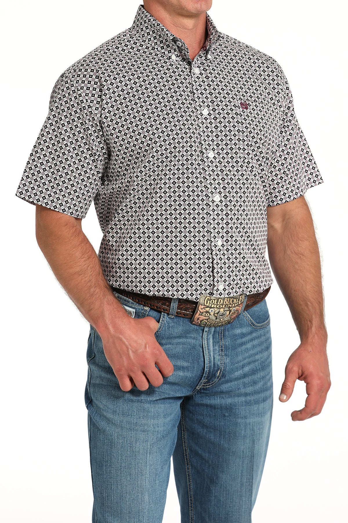 Cinch Men's Diamond Print Button-Down Short Sleeve Western Shirt - White