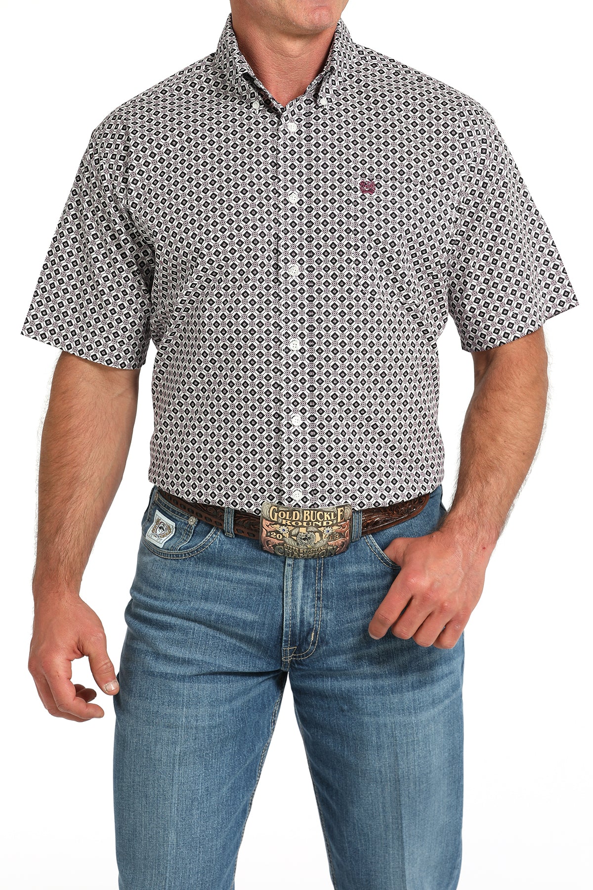 Cinch Men's Diamond Print Button-Down Short Sleeve Western Shirt - White