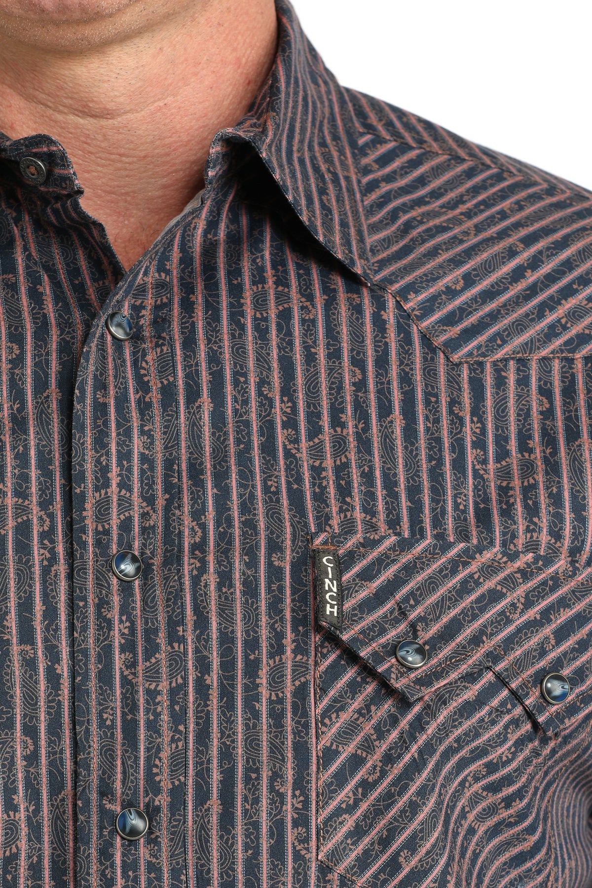 Cinch Men's Long Sleeve Modern Fit Navy Blue Stripe with Paisley Print Shirt