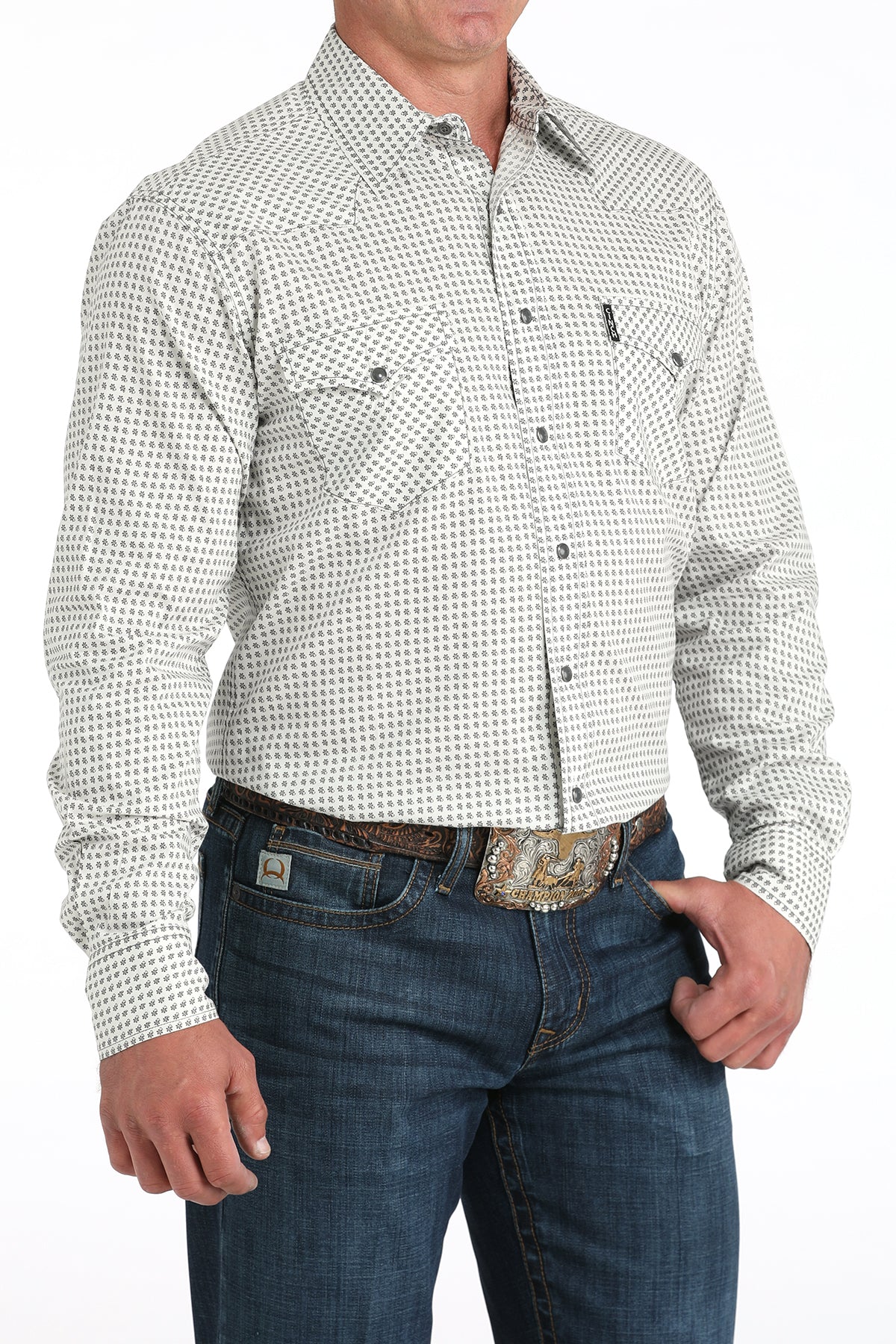 Cinch Men's Long Sleeve Modern Fit Snap Front Western Shirt - Cream & Gray Floral Print