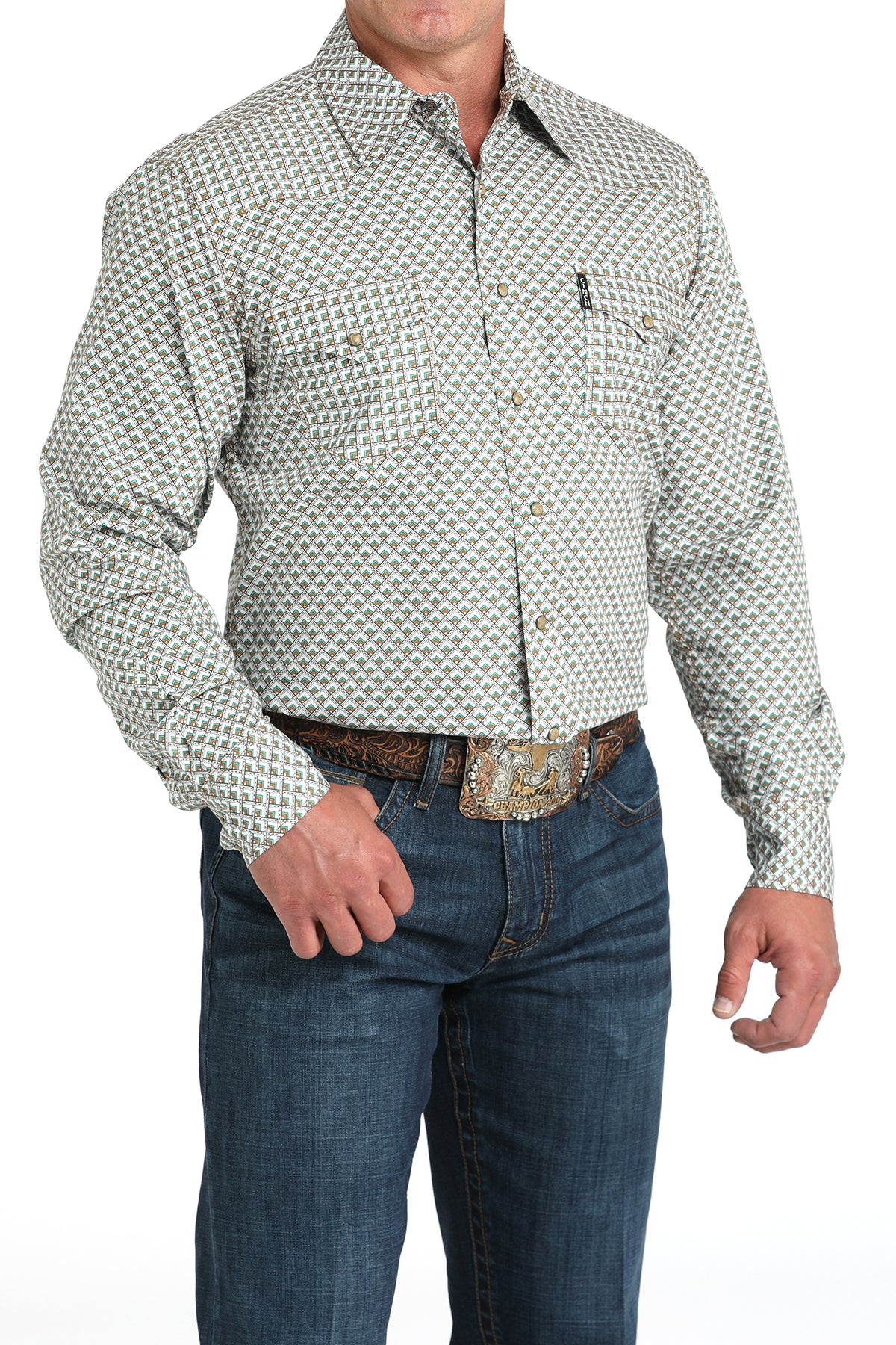 Cinch Men's Long Sleeve Modern Fit Geometric Print on White Shirt