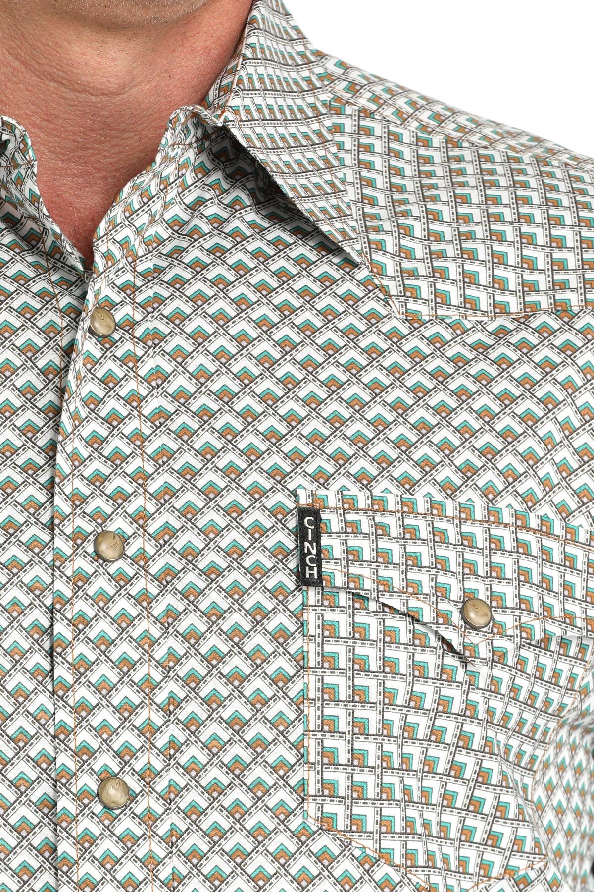 Cinch Men's Long Sleeve Modern Fit Geometric Print on White Shirt