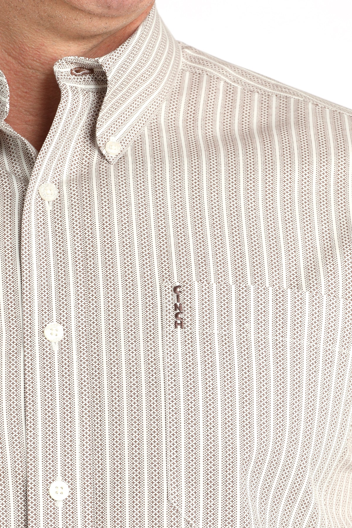 Cinch Men's Long Sleeve Modern Fit Cream and Brown Stripe Print Shirt