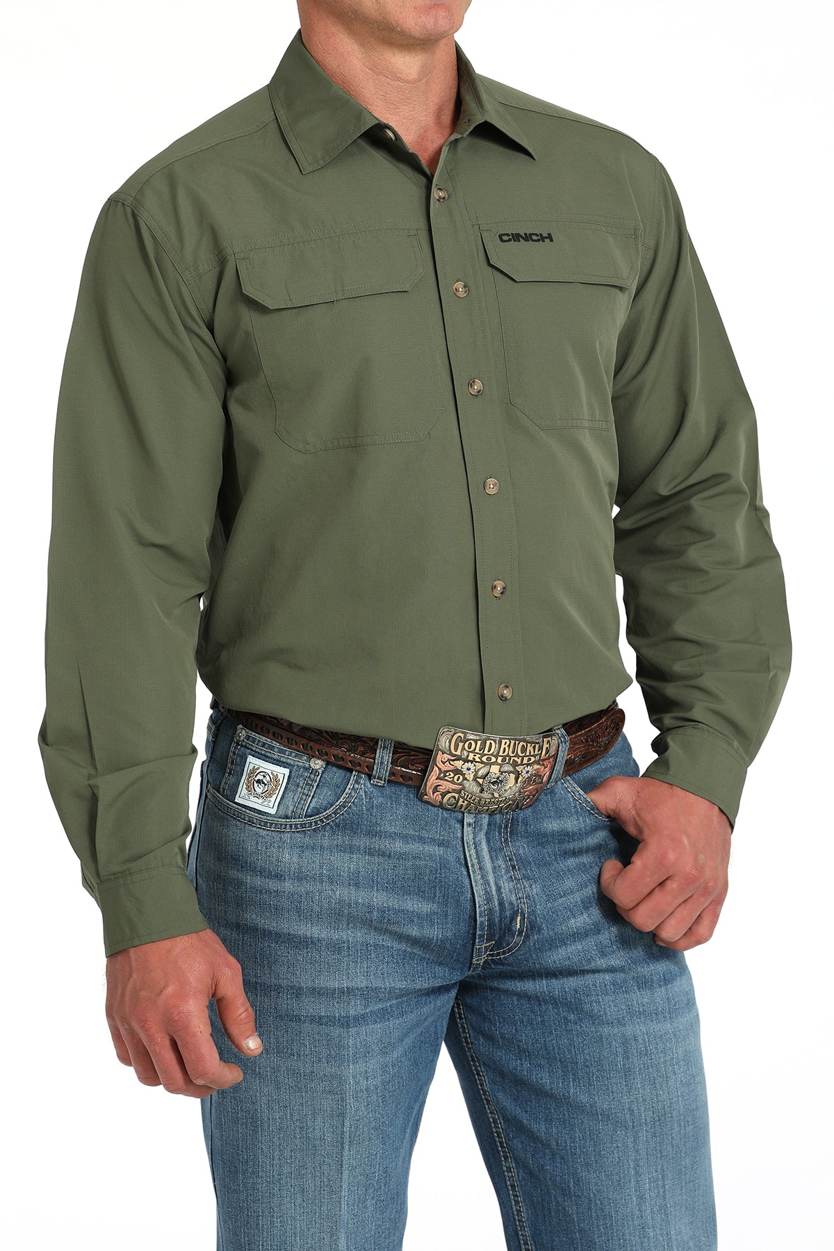 Cinch Men's Long Sleeve Ripstop Solid Button-Down Western Shirt - Olive