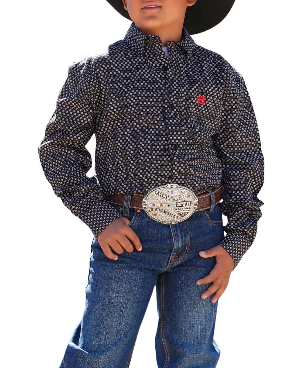 Cinch Boy's Long Sleeve Black Geometric Print Shirt