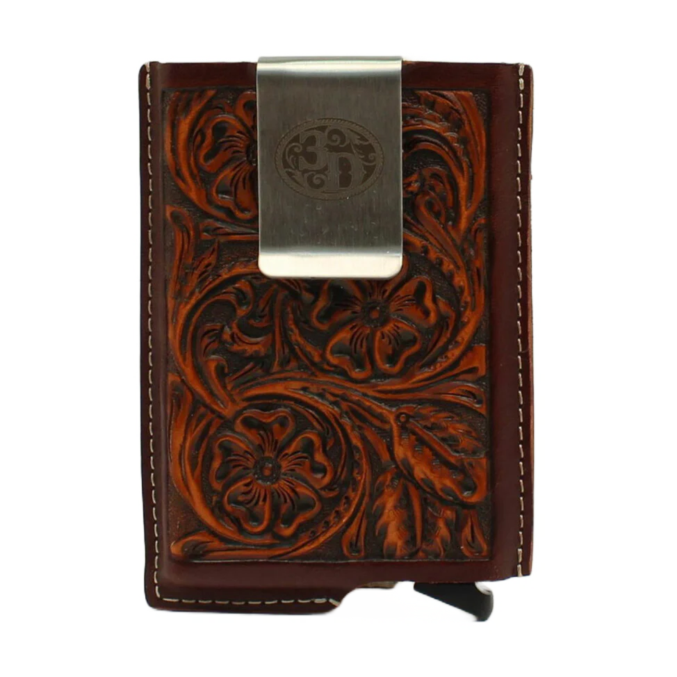 3-D Leather Logo Tooled Brown Smart Wallet