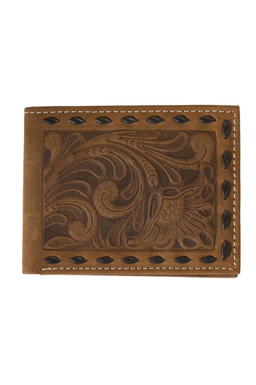 Nocona Men's Bi-Fold Wallet Leather Floral Buck Laced Brown