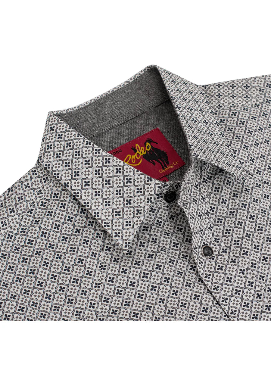Rodeo Clothing Men's Long Sleeve Shirt - Pearl Snap Grey & Black Print Shirt