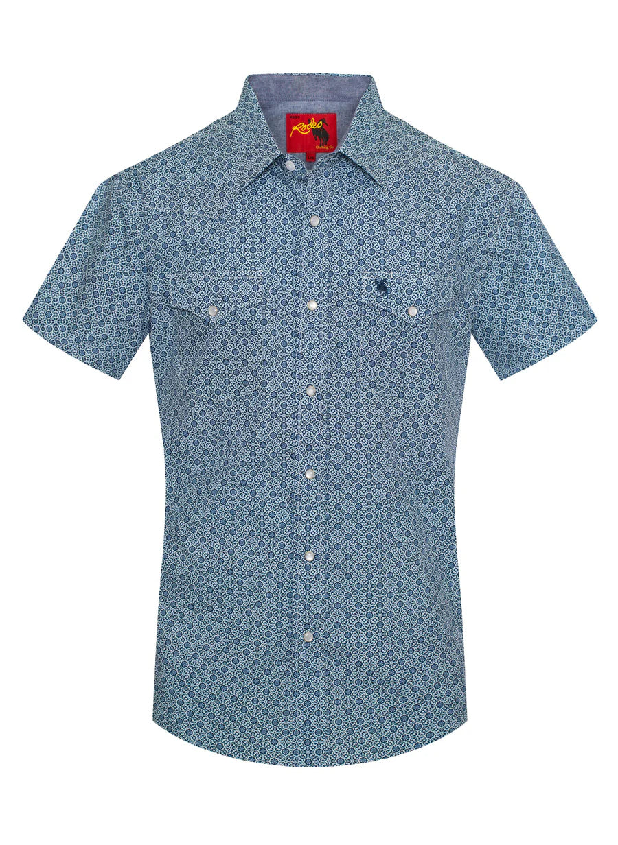 Rodeo Clothing Men's Short Sleeve Shirt - Pearl Snap Navy & White Print Shirt