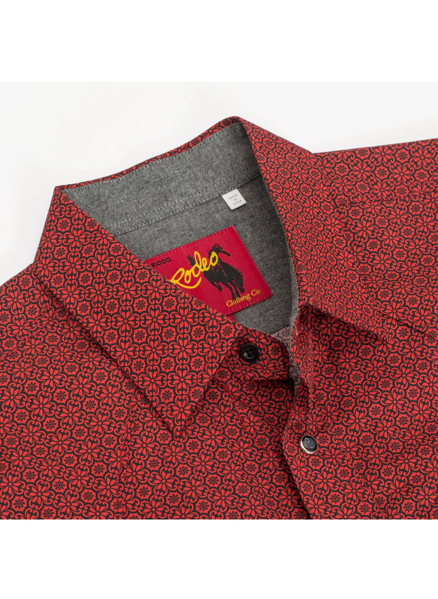 Rodeo Clothing Men's Short Sleeve Shirt - Pearl Snap Red & Black Print Shirt
