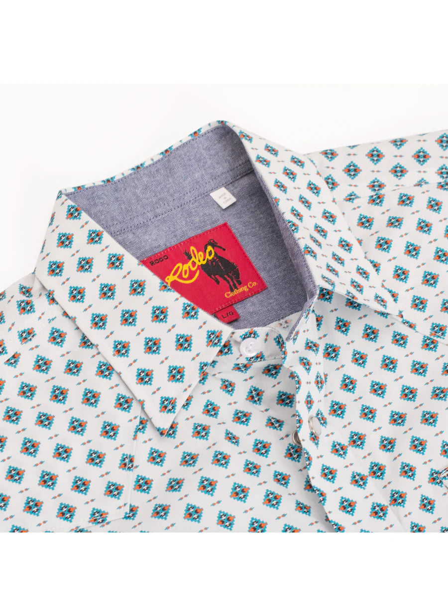 Rodeo Clothing Men's Short Sleeve Shirt - Pearl Snap White & Teal Print Shirt