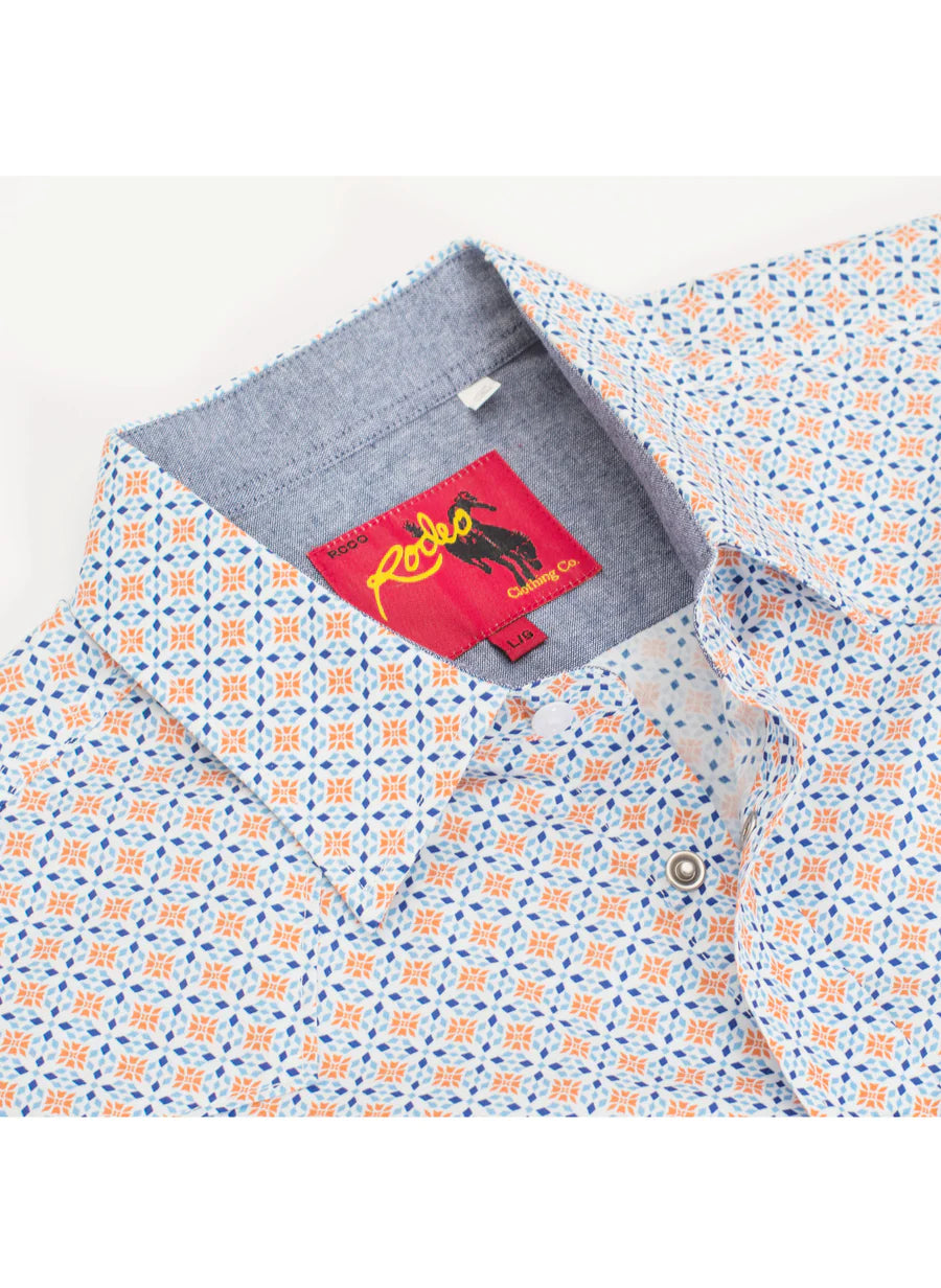 Rodeo Clothing Men's Short Sleeve Shirt - Pearl Snap White, Orange & Blue Print Shirt