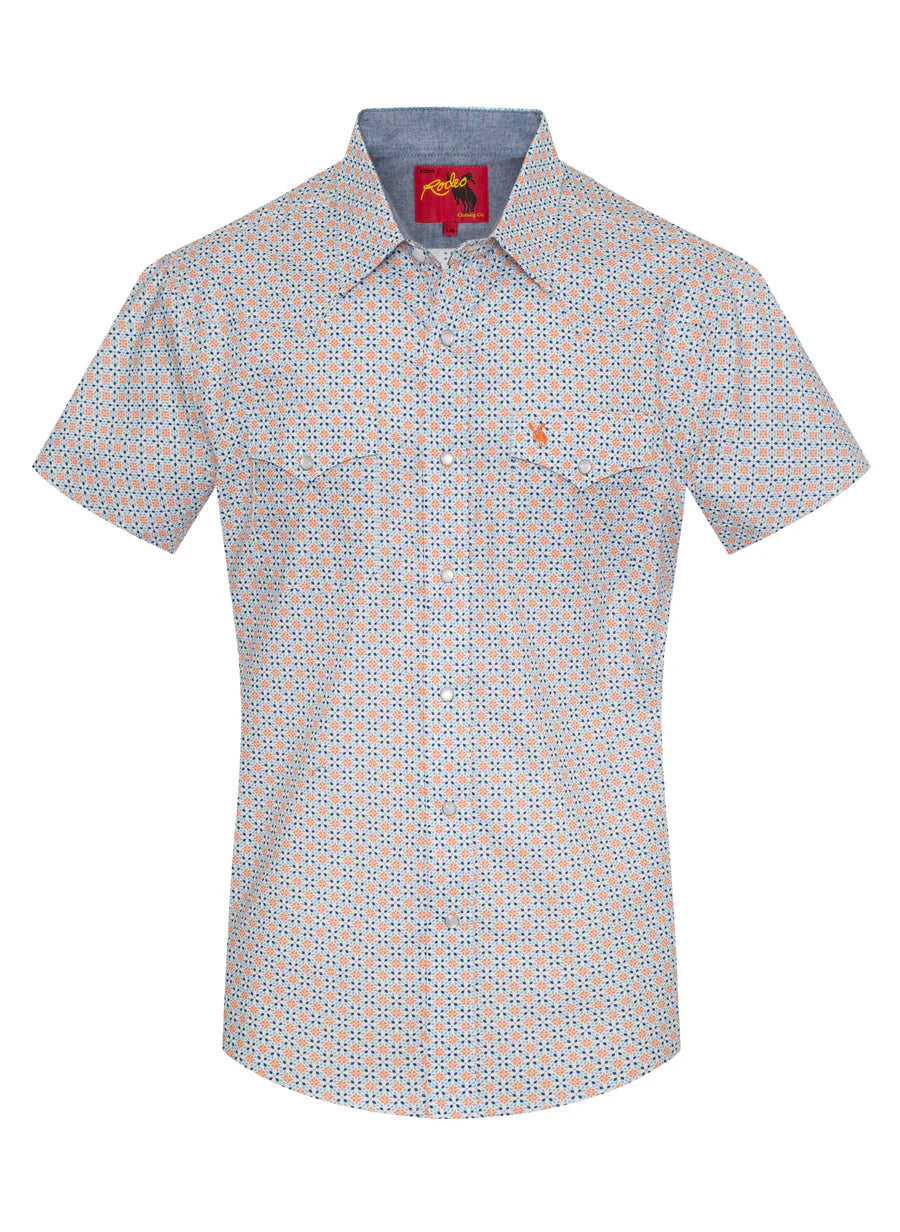 Rodeo Clothing Men's Short Sleeve Shirt - Pearl Snap White, Orange & Blue Print Shirt