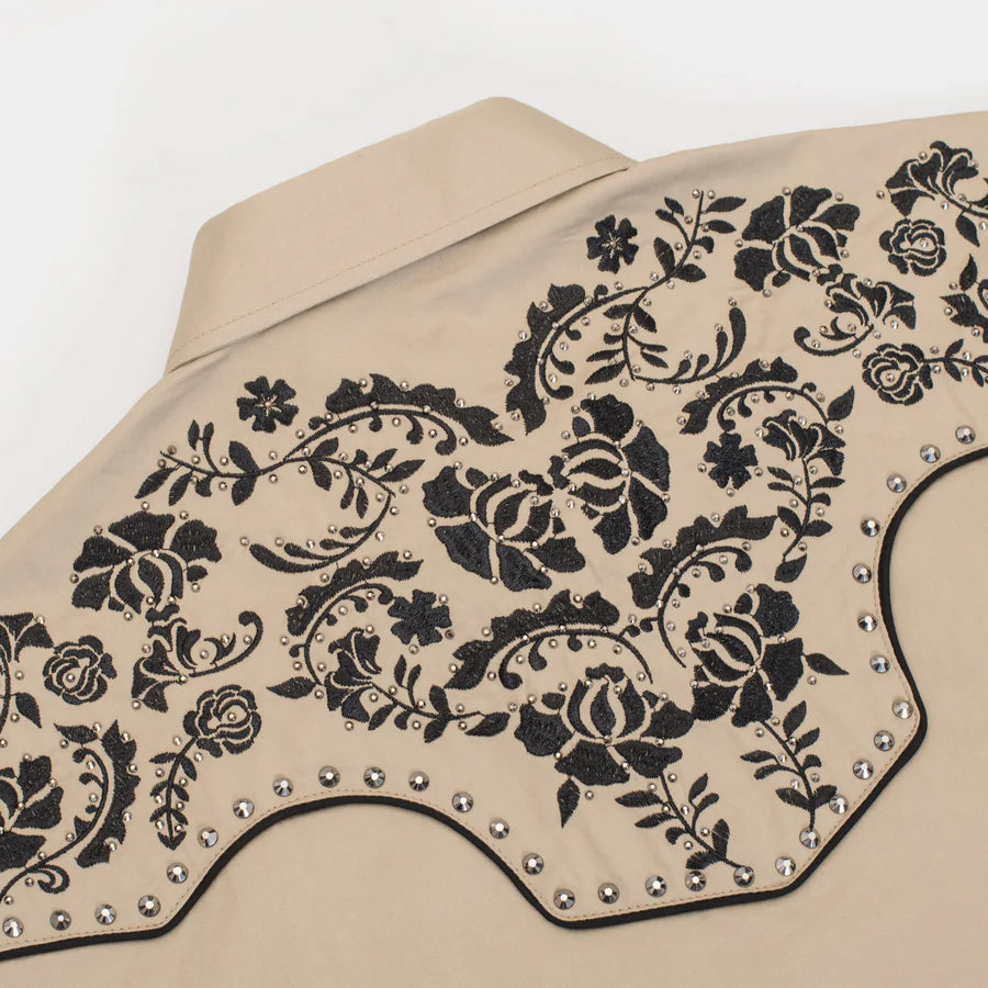 Rodeo Clothing Men's Long Sleeve Khaki Shirt with Black Embroidery and Diamonds on Yoke