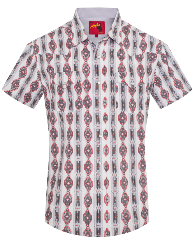 Rodeo Clothing Men's Short Sleeve Shirt - Western Pearl Snap Aztec Print