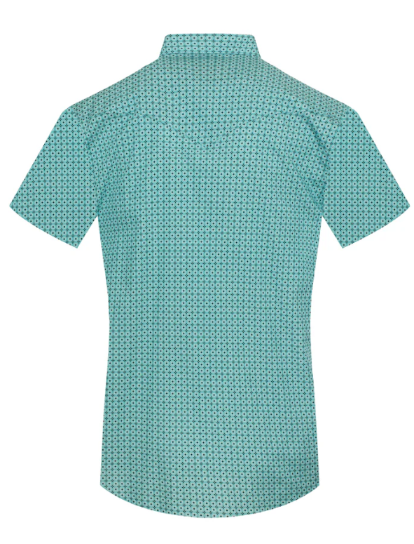 Rodeo Clothing Men's Short Sleeve Pearl Snap Turquoise & Black Print Shirt