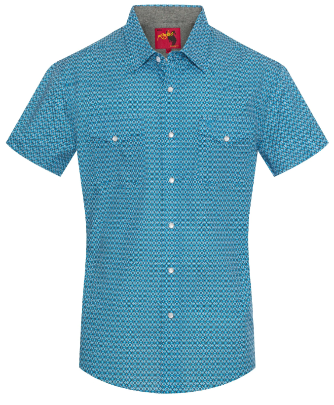 Rodeo Clothing Men's Short Sleeve Pearl Snap Blue Print Shirt
