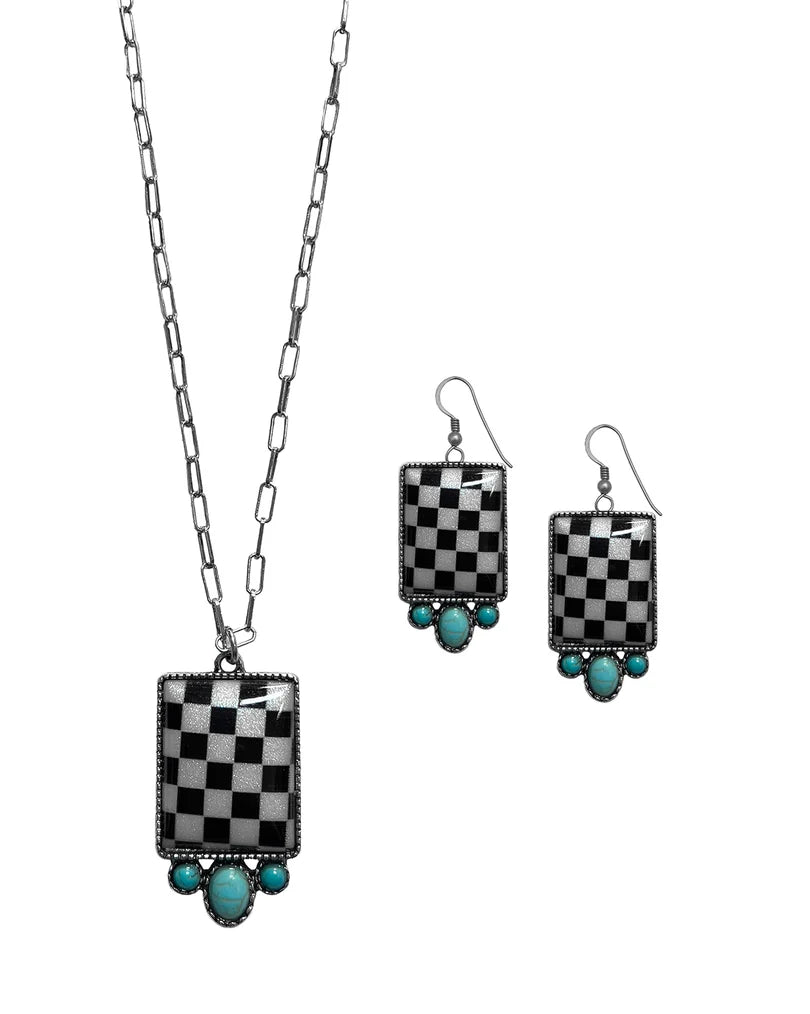 Silver Strike Checkered Necklace & Earring Jewelry Set