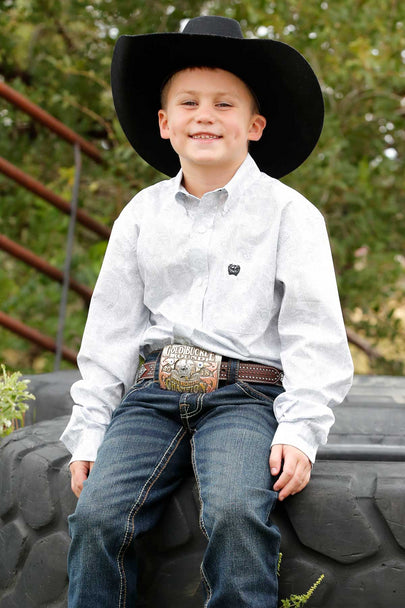 Cinch Boy's Long Sleeve White Paisley Print Shirt