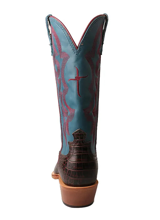 Twisted X Women's Brown Gator Print Narrow Square Toe with Blue Stitched Top & Hooey Logo
