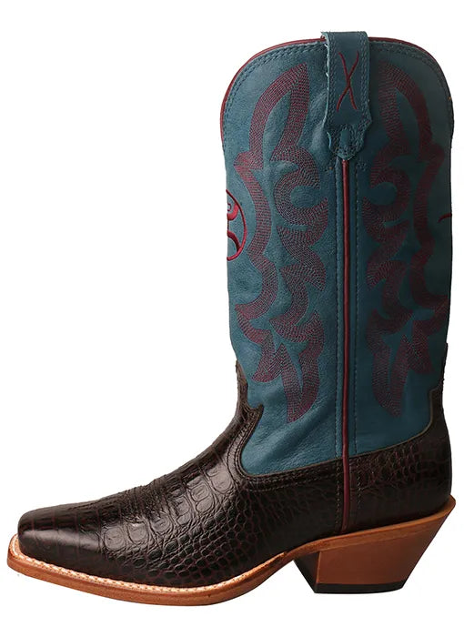 Twisted X Women's Brown Gator Print Narrow Square Toe with Blue Stitched Top & Hooey Logo