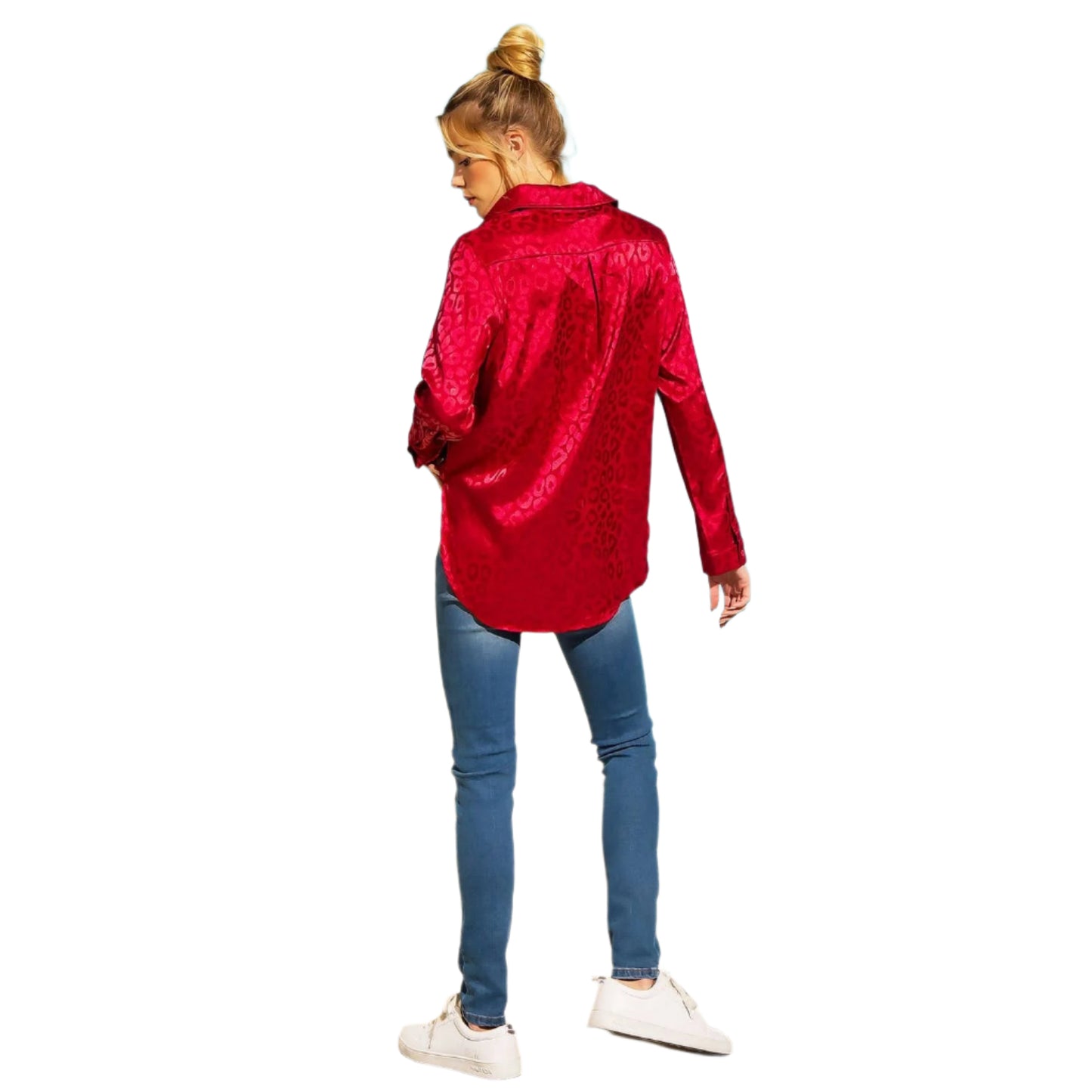 Sweet Generis Women's Long Sleeve Shirt - Satin Leopard Burgundy