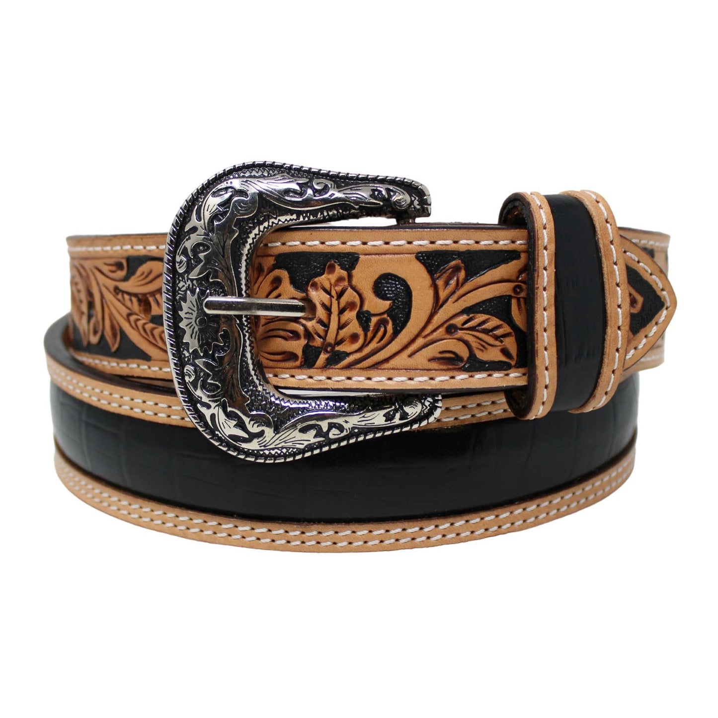 Challenger Western 1-1/2" Tan Floral Tooled Black Gator Inlay Full-Grain Leather Belt