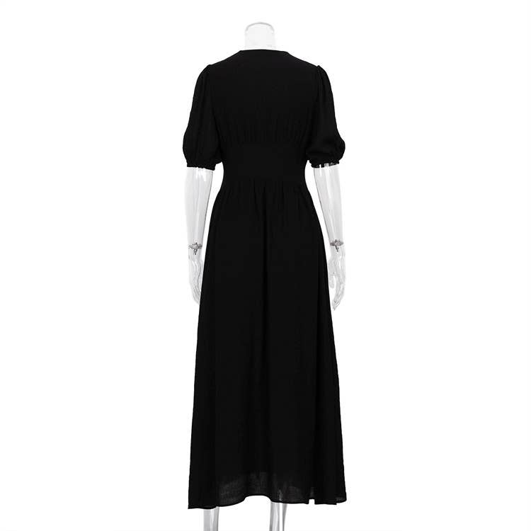 Sweetkama Ladies Solid Color V-Neck Open Casual Dress Black
