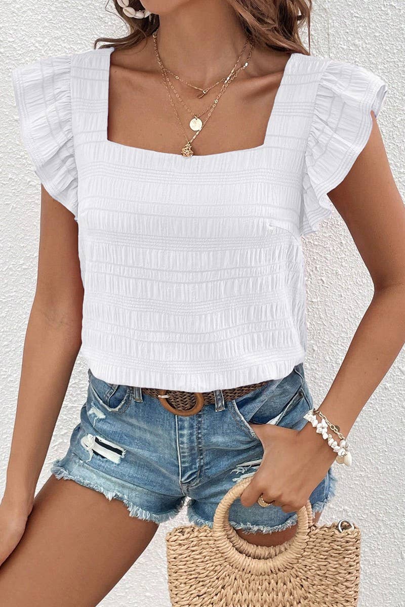 NINEXIS Women's Square Collar Ruffled Top White