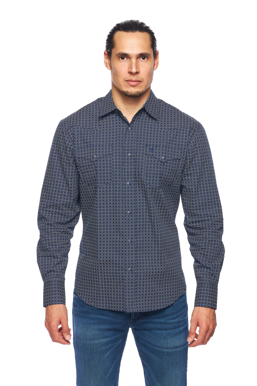 Rodeo Clothing Co. Men's Long Sleeve Shirt - Navy & White Geometric Print