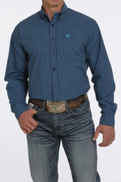 Cinch Men's Long Sleeve Shirt - Navy & Turquoise Plaid