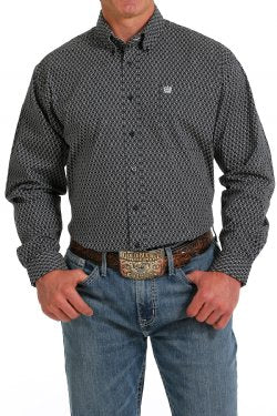 Cinch Men's Long Sleeve Shirt - Geometric Print Black & White
