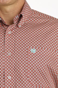 Cinch Men's Short Sleeve Geometric Print Button-Down Shirt - Red & Turquoise
