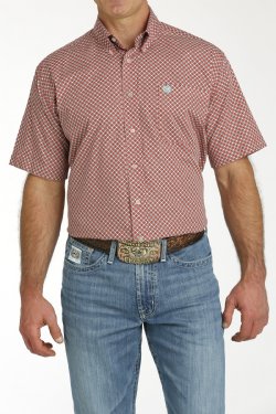 Cinch Men's Short Sleeve Geometric Print Button-Down Shirt - Red & Turquoise