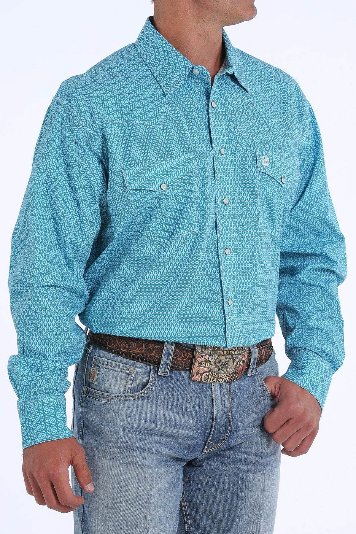 Cinch Men's Long Sleeve Western Shirt - Turquoise & White Cubes