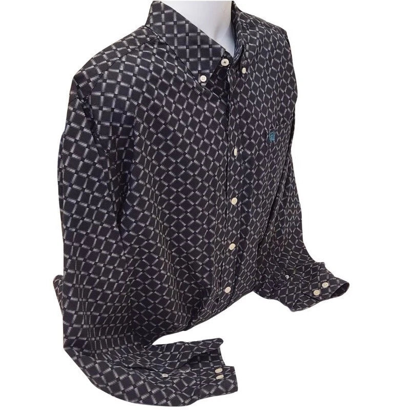 Cinch Men's Long Sleeve Shirt - Black, White & Teal Diamonds