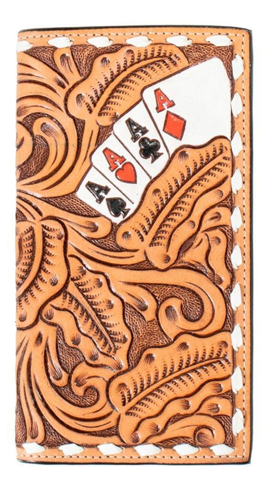 3-D Western Mens Wallet Rodeo Leather Tooled Hand Painted Ace Cards