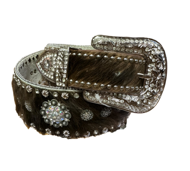 Nocona Belt Dressy Wide Brown Horsehair with Silver Conchos Adorned with Rhinestones