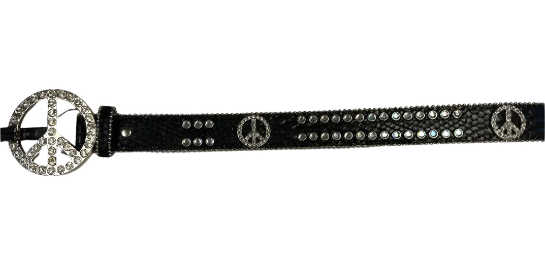 Nocona Belt - Rhinestone Peace Sign Buckle with Rhinestones on Black Alligator Print Leather