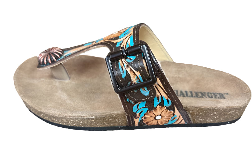 Challenger Western Floral Tooled Black Inlay Genuine Leather T-Bar Turquoise Sandals