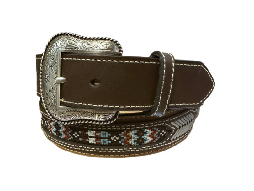 Nocona Belts - Brown with Conchos and Small Aztec Pattern on Back