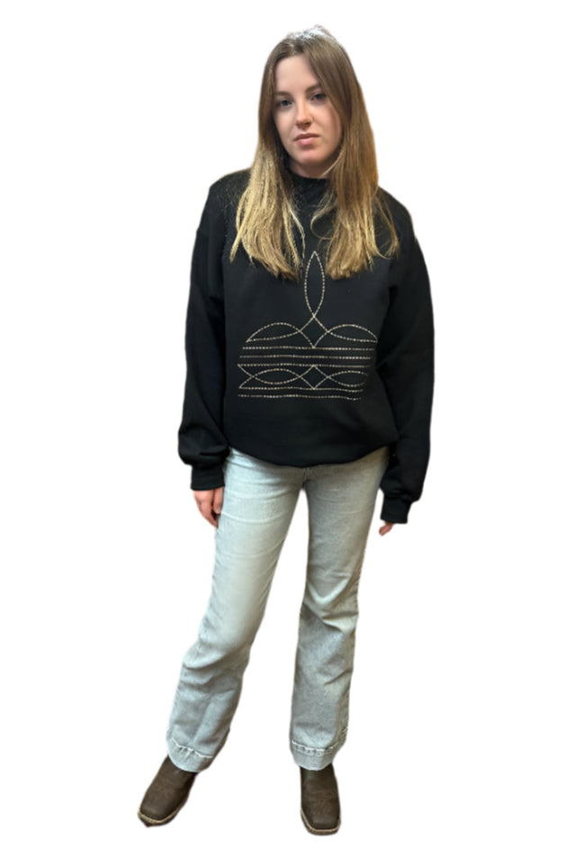 Women's Black Sweatshirt with Boot Stitching Graphic Crewneck