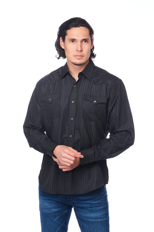 Rodeo Clothing Co. Men's Long Sleeve Shirt - Black Stripe on Black