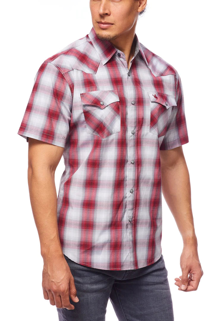 Rodeo Clothing Men's Short Sleeve Shirt - Grey & Red Plaid