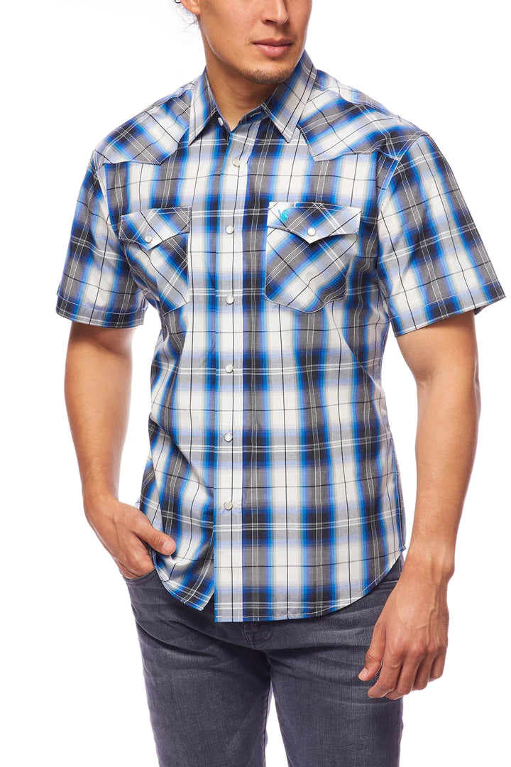 Rodeo Clothing Men's Short Sleeve Shirt - White, Grey & Blue Plaid