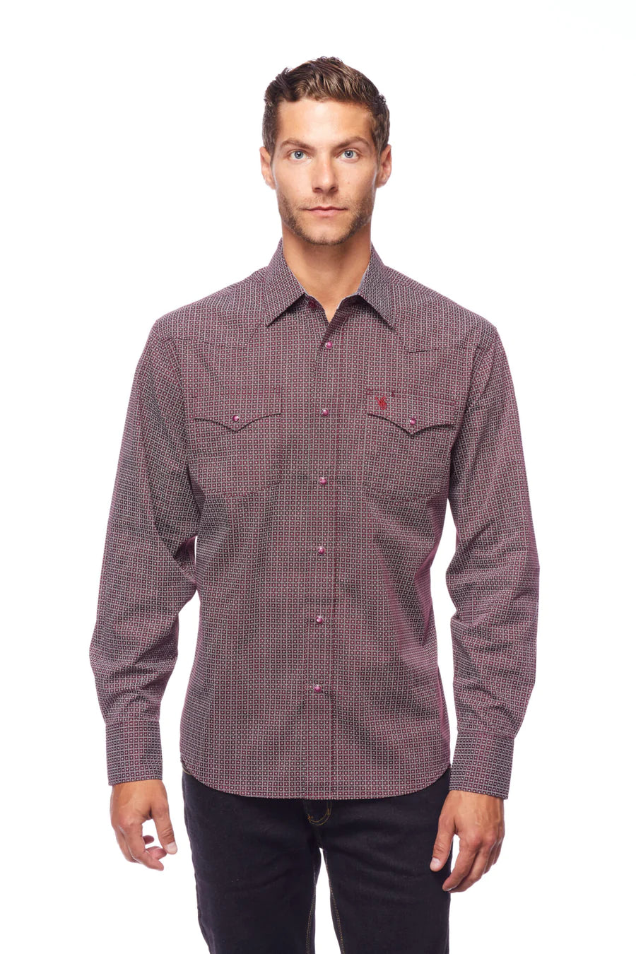 Rodeo Clothing Co. Men's Long Sleeve Shirt - Burgundy & White Print