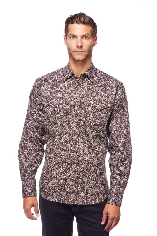 Rodeo Clothing Men's Western Pearl Snaps Shirt in Brown Paisley