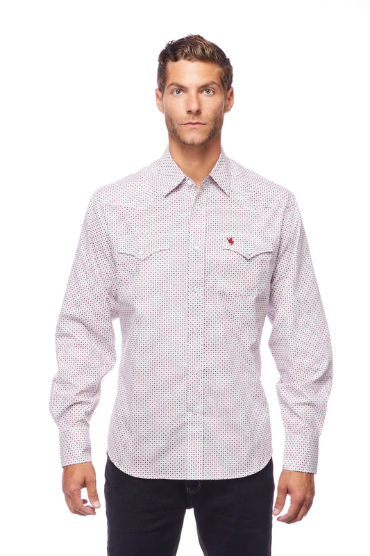 Rodeo Clothing Men's Long Sleeve Shirt - White with Red & Black Print