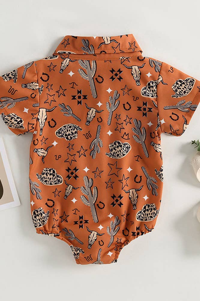 UNISHE - Western Style Cactus Print Button Up Shirt Romper Brown
