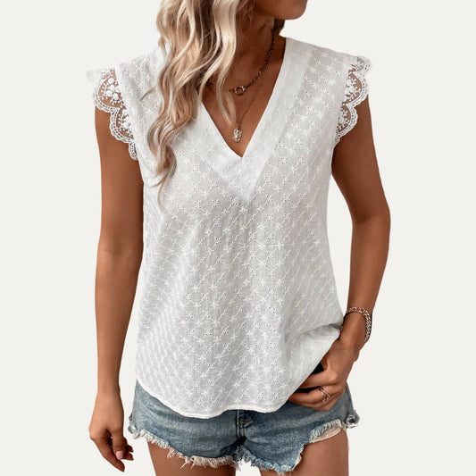 The Moment Collection - Delicate White Pointelle Open-Back V-Neck Lace Top White